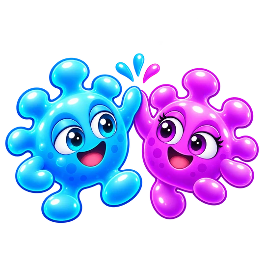 Blue Fuzz and pink-purple Fizz smiling together