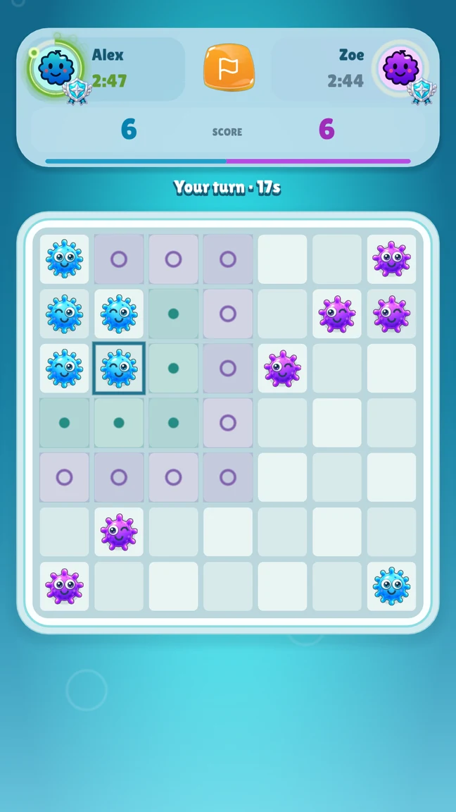 FuzzFizz game board with legal clone and jump destinations highlighted