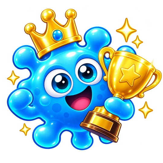 Fuzz wearing a golden crown and holding a trophy